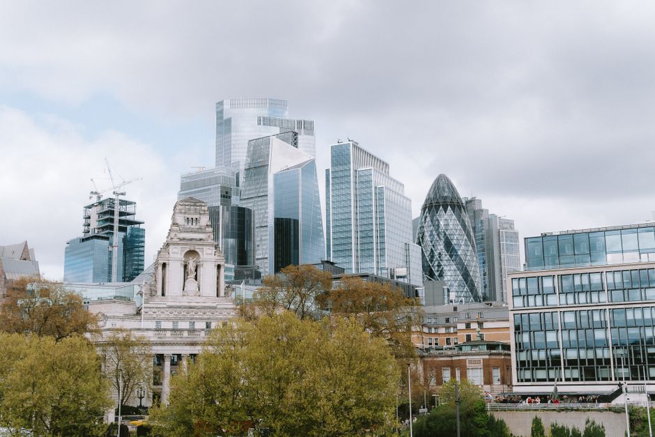 London skyline featuring the modern architecture and the iconic Gherkin building.