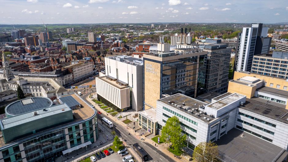 Stunning aerial view of Leeds city skyline with Leeds Beckett University buildings.